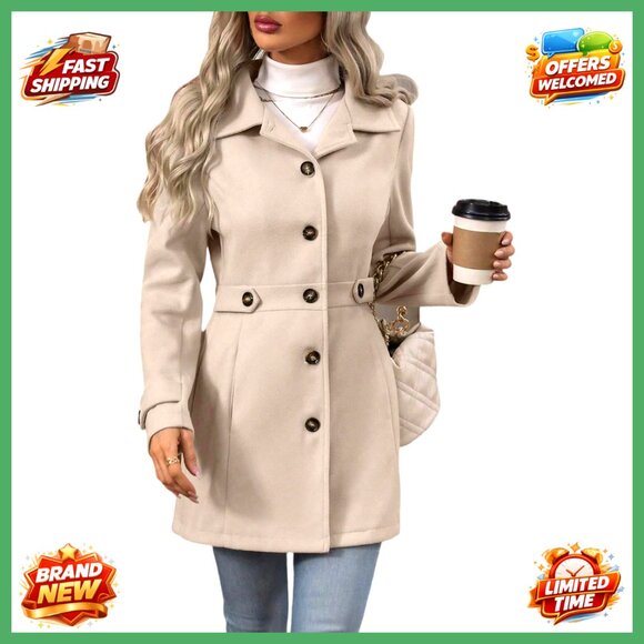 Womens Wool Blend Pea Coat Notched Lapel Button Front Casual Overcoat